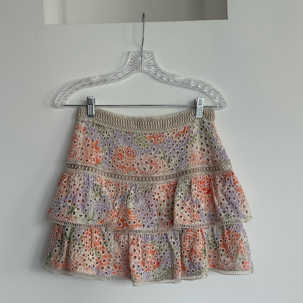 Alice + Olivia Kirsten Eyelet Embroidered Tiered Skirt in Floral